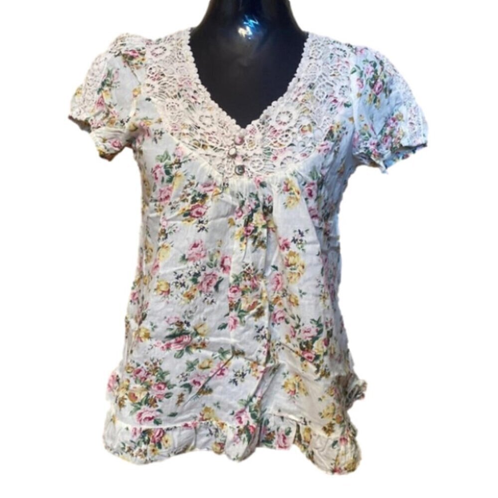 Antilia Femme Floral Lace Blouse Medium Cottagecore Romantic Prairie Chic